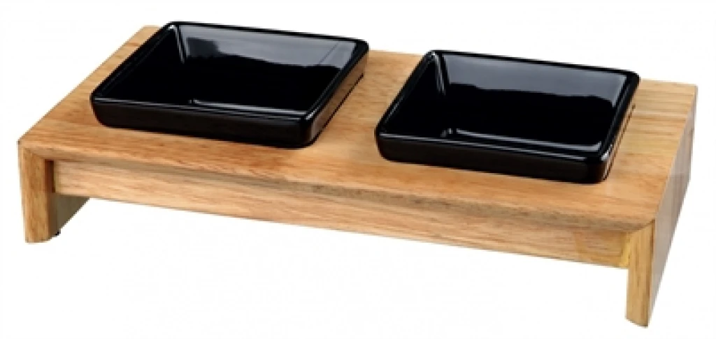 Trixie Voerset voor hond - Keramiek met houten onderstel - Zwart - 2 stuks