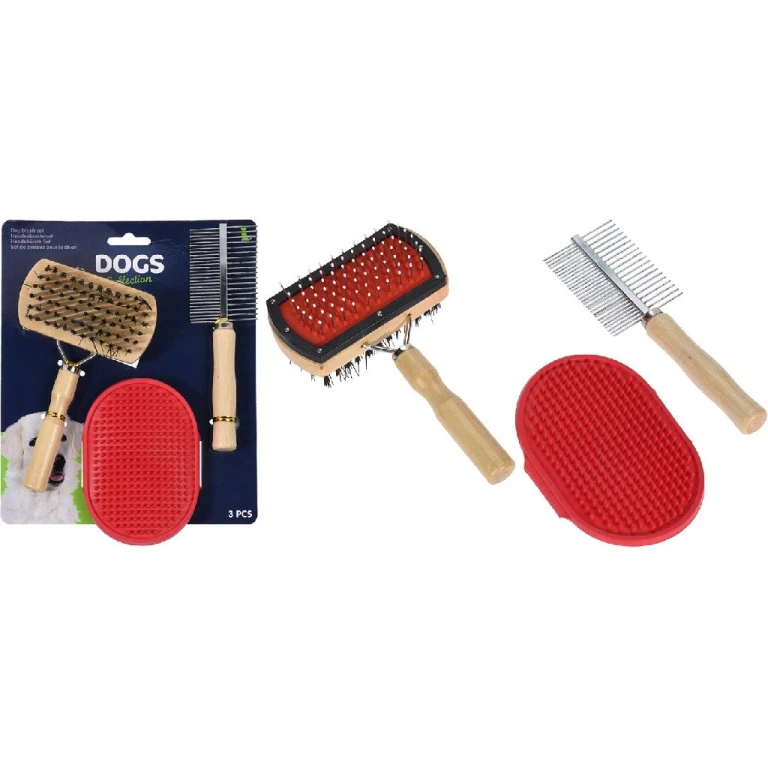 Honden Borstelset - 3 stuks - Hout, Rubber en Metaal