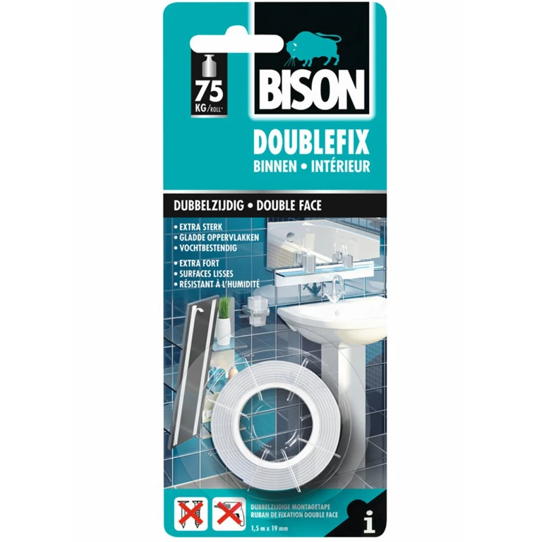 Bison Tweezijdig Plakband 1,5m Wit