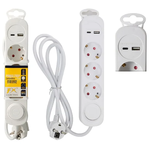Stekkerdoos 3 Weg Wit 140cm Aan/Uit + USB A+C