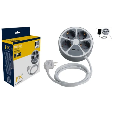 Stekkerdoos Rond 4 Weg Wit 140cm Aan/Uit +USB A+C