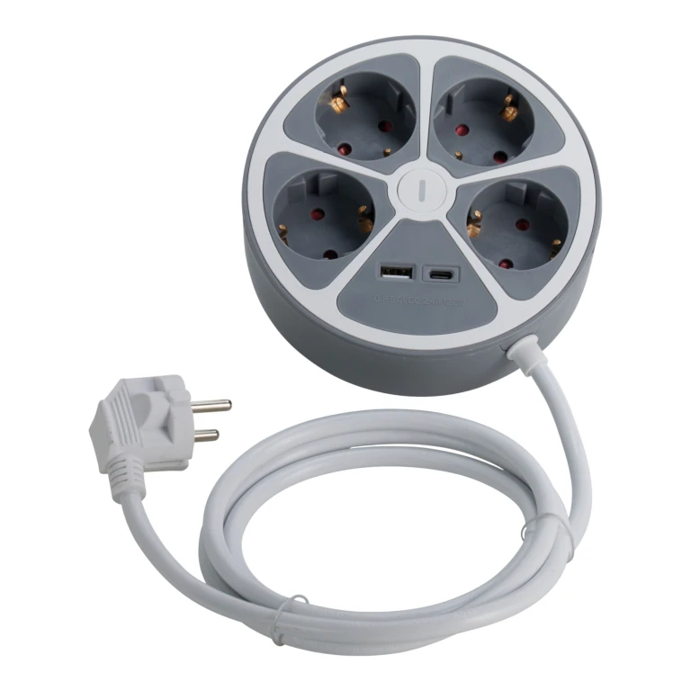 TCD Ronde Stekkerdoos 4-voudig Wit 140 cm met Schakelaar en USB A+C - 1 stuk