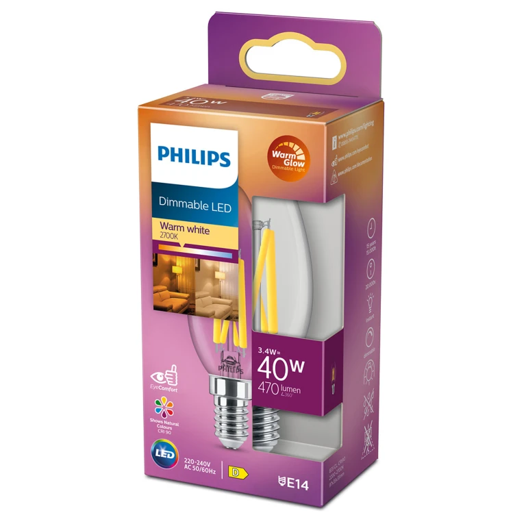 Philips LED kaarslamp E14 3.4W 470lm helder dimbaar - 1 stuk
