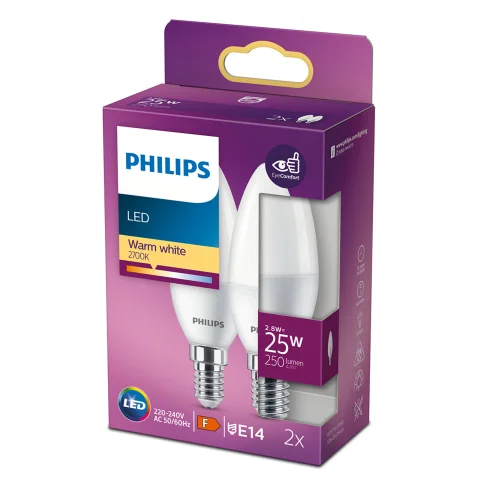Philips LED lamp E14 2.8W 250Lm kaars mat 2 stuks