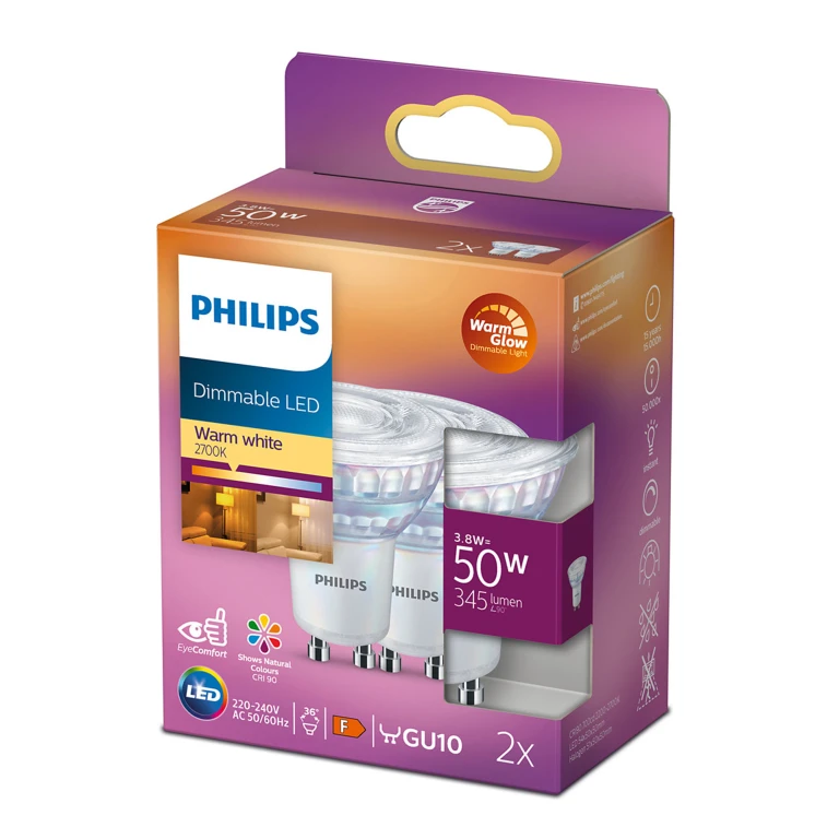 Philips LED spot GU10 3.8W 345Lm dimbaar warm glow - set van 2