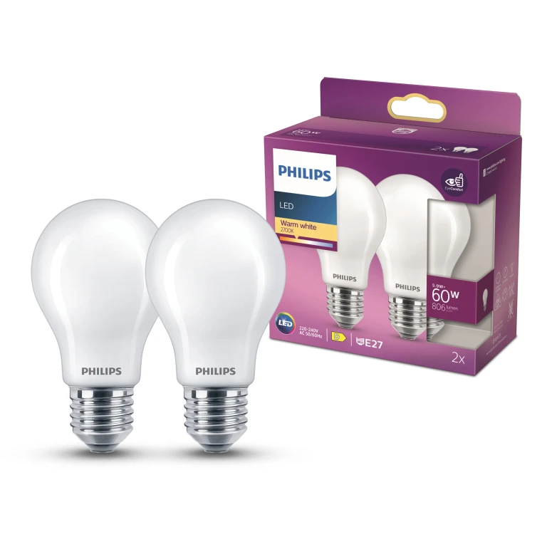 Philips LED Peerlamp E27 60W 806 Lm Mat - Set van 2 stuks