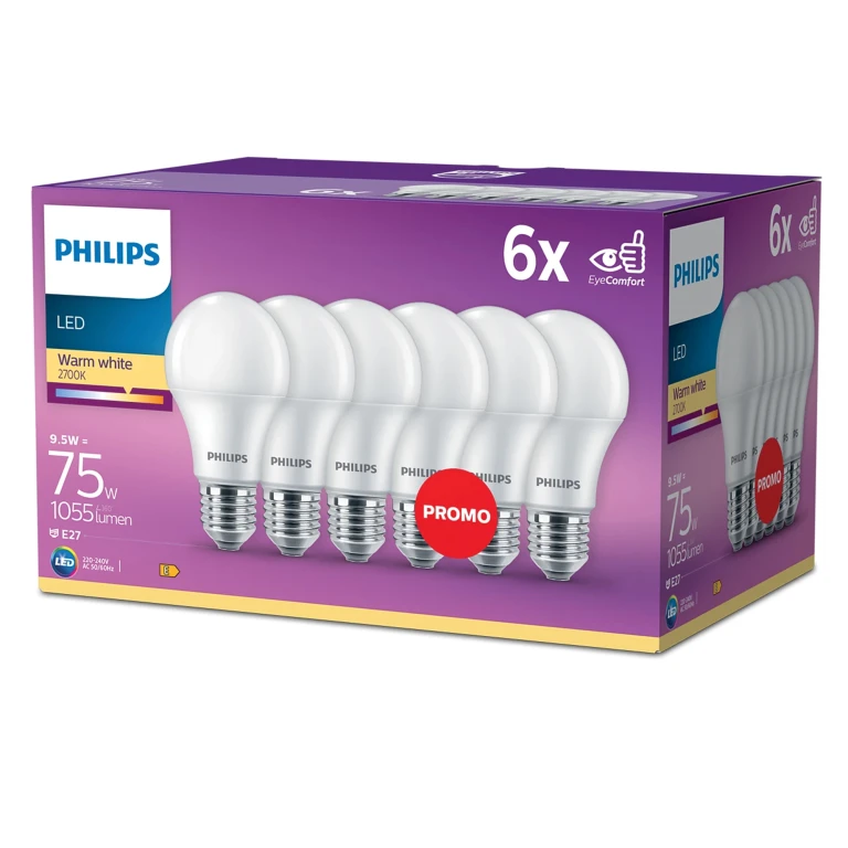 Philips LED A60 E27 Lichtbron Warm Wit, 1055 Lm - Set van 6