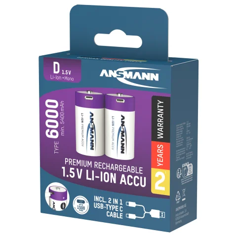 oplaadbare batterij Li-Ion 2x D 6000mAh + kabel