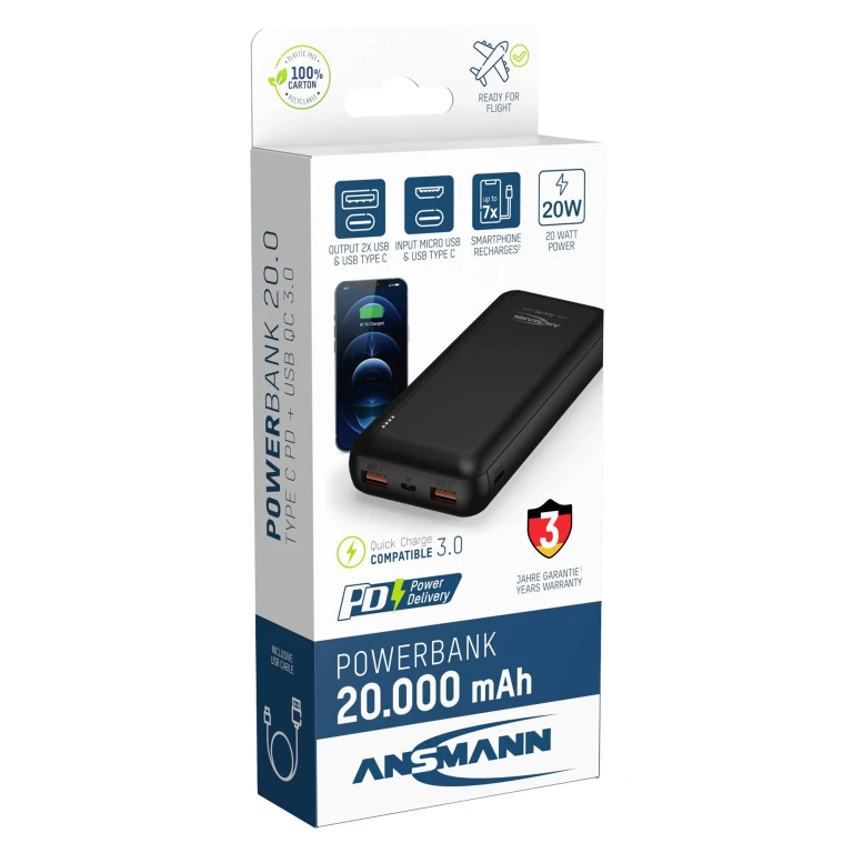 Powerbank 20000mAh Zwart