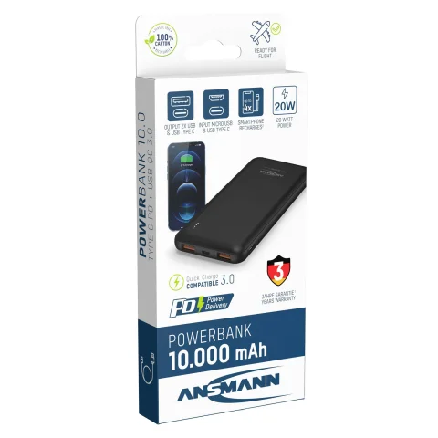 powerbank zwart 10000mAh 1xUSB-C(F) + 2xUSB-A(F)