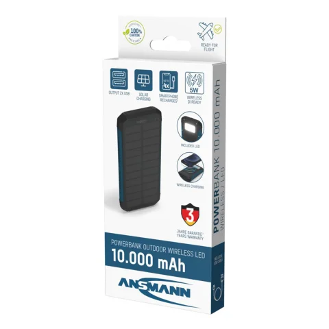 powerbank zwart 10000mAh draadloos + zonne-energie
