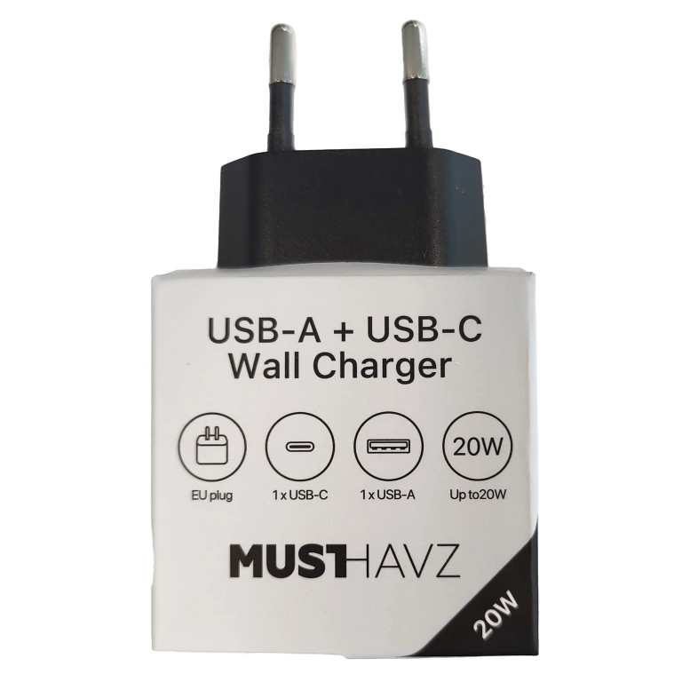 MUSTHAVZ Telefoonoplader USB-A + USB-C 20W Zwart - 1 stuk