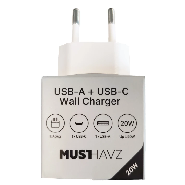MUSTHAVZ Telefoonoplader USB-A + USB-C 20W - Wit - 1 stuk