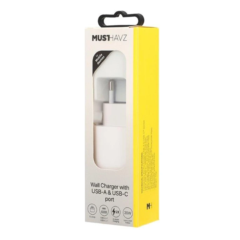 MUSTHAVZ Telefoonoplader 20W USB-A & USB-C - Wit - 1 stuk