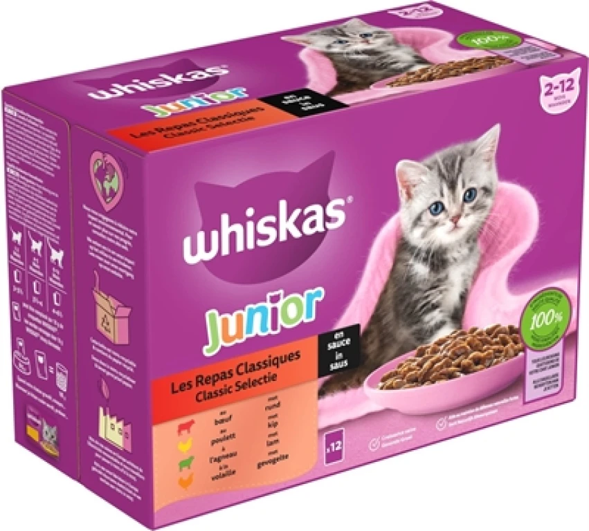 Whiskas Kat Natvoer Junior Classic Vlees in Saus - 48 pouches