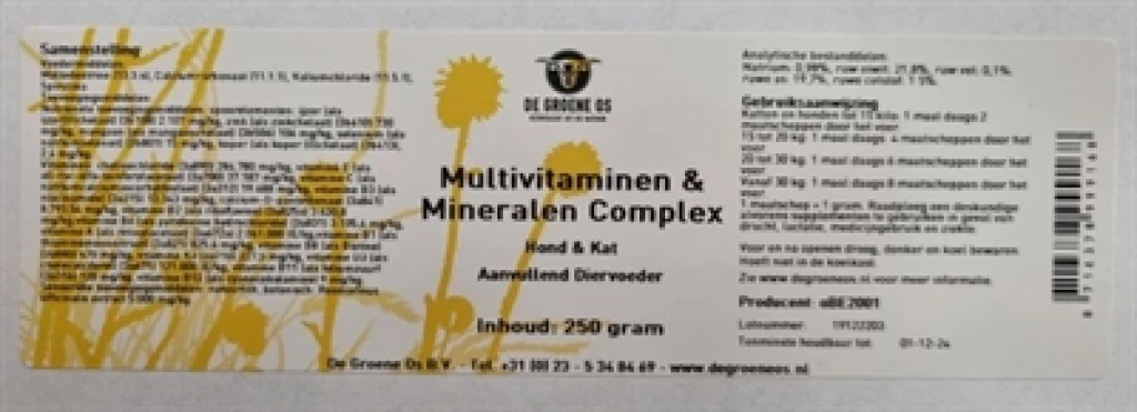 De Groene Os Multivitaminen en Mineralen Complex voor Hond en Kat - 250 gr