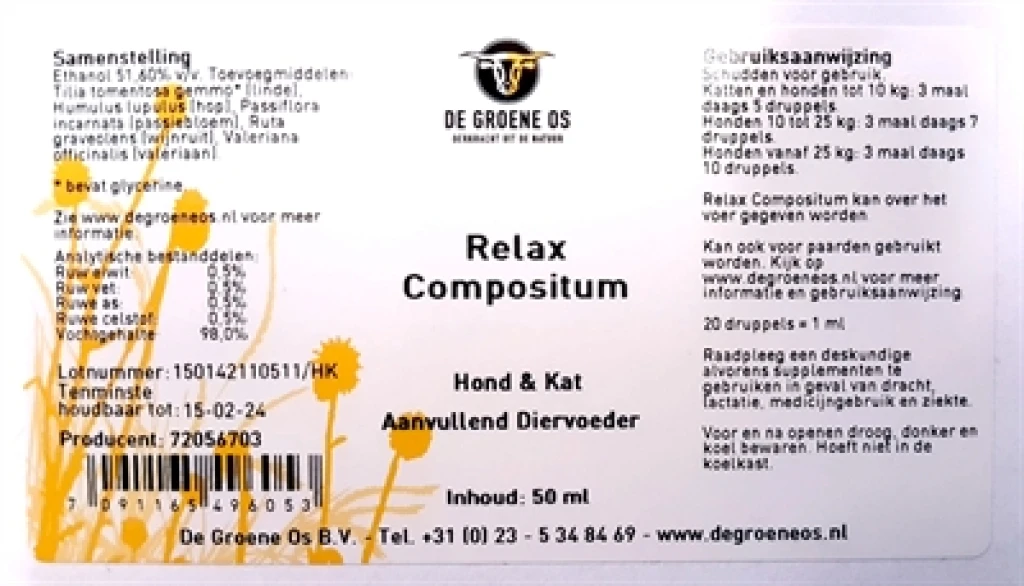 Voedingssupplement Relax Compositum voor hond en kat, 50 ml, 1 stuk