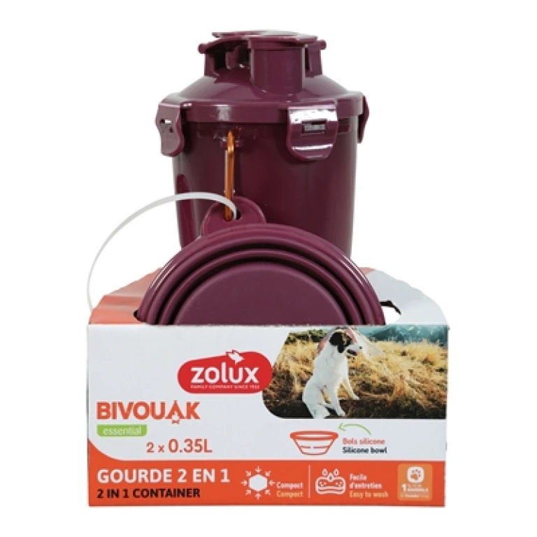 Zolux Bivouak 2-in-1 reisset met voer- en drinkbak voor honden, rood, 1 stuk