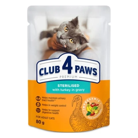 CLUB 4 PAWS PREMIUM ADULT STERILISED POUCH KALKOEN IN SAUS